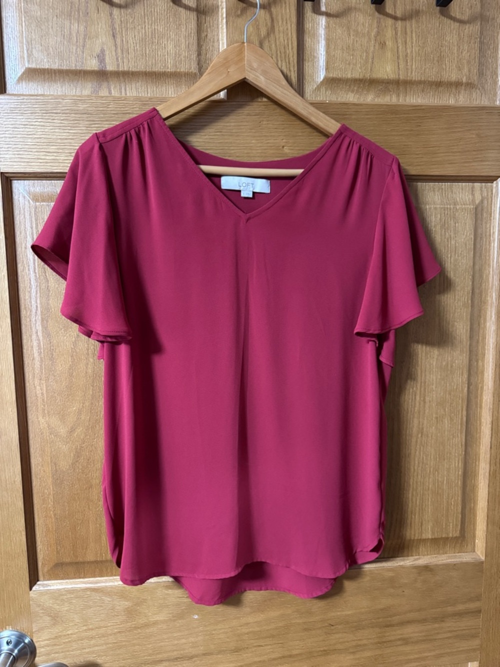 LOFT Red V-Neck Flutter Sleeve Blouse